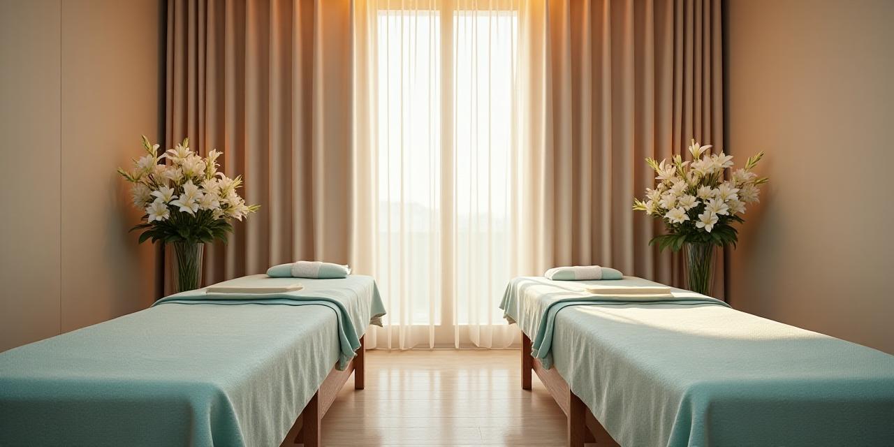 Serene spa treatment room with floral accents